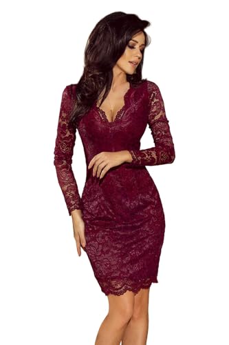 Numoco Kleid Minikleid Etuikleid Abendkleid Spitze figurbetont Lange Ärmel S-XL, Farbe:Bordeaux, Größe:38 von Numoco