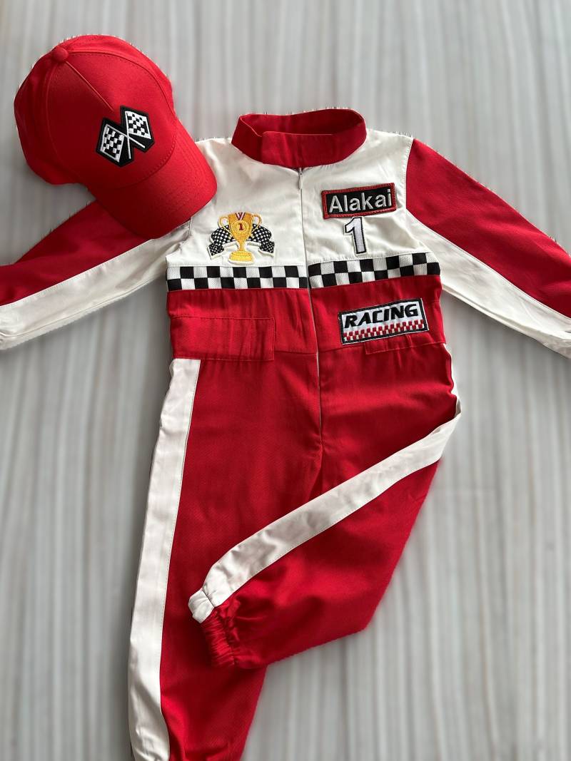 Personalized Red Short -Long Racer Jumpsuit Checkered Racing Short Suit Overalls Carcostume 1st Birthday Toddler Jumpsuit von nunisewingworld