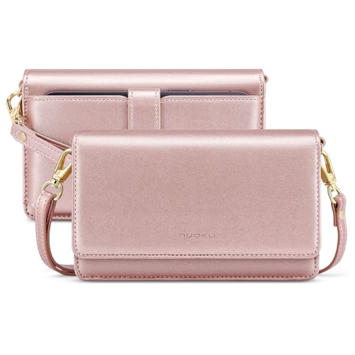 nuoku Crossbody Bag Damen Leder, Handytasche Zum Umhängen Damen, Kleine Umhängetasche Damen mit Verstellbarem, Abnehmbarem Schultergurt und Funktionelle Fächer (Rosa) von nuoku