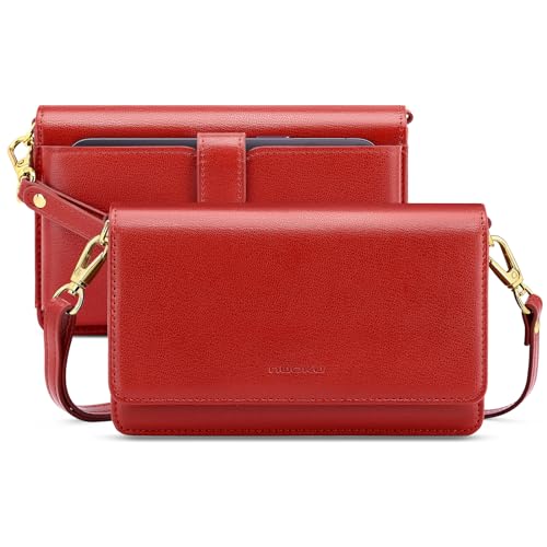 nuoku Crossbody Bag Damen Leder, Handytasche Zum Umhängen Damen, Kleine Umhängetasche Damen mit Verstellbarem, Abnehmbarem Schultergurt und Funktionelle Fächer (Rot) von nuoku