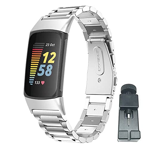 nuosiweilang Armband Kompatibel mit Fitbit Charge 5 Armband,Edelstahl Metall Ersatzarmband Uhrenarmbänder Kompatibel mit Charge 5 Frauen Mann,Silber von nuosiweilang