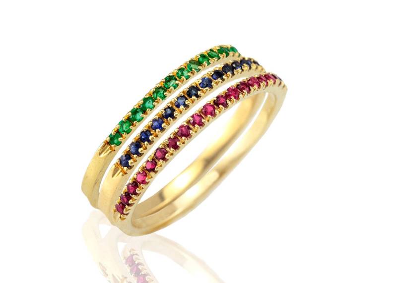 14K/18K Solid Gold Halbe Ewigkeit Natürliche Smaragd Rubin Saphir Stapelbar Ehering Für Frauen, Geburtstag, Jahrestag Bunte Band Geschenk von nuritdesignjewelry
