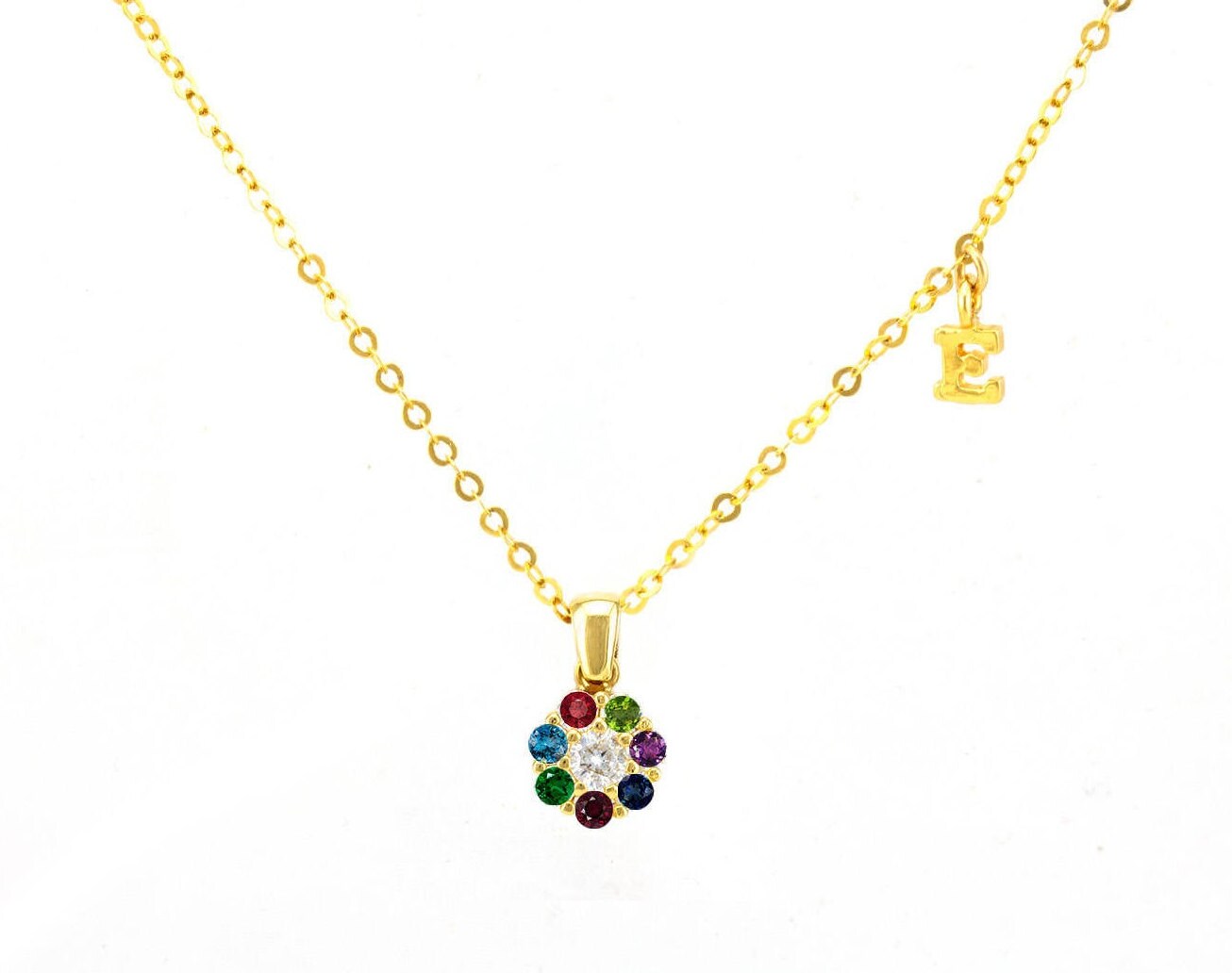 14K Gold Personalisierte Buchstaben Halskette, Geburtssteine Floral Anhänger Geschenk Für Sie, Bunte Edelsteine Blume Und Winzig Initial Charm von nuritdesignjewelry