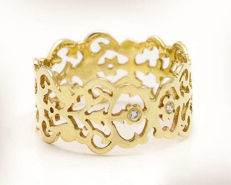 14K Massiver Gold Unikat Verlobungsring Für Frauen, Art Deco Jubiläumsring, Breiter Diamant Brautring, Filigraner Ring von nuritdesignjewelry