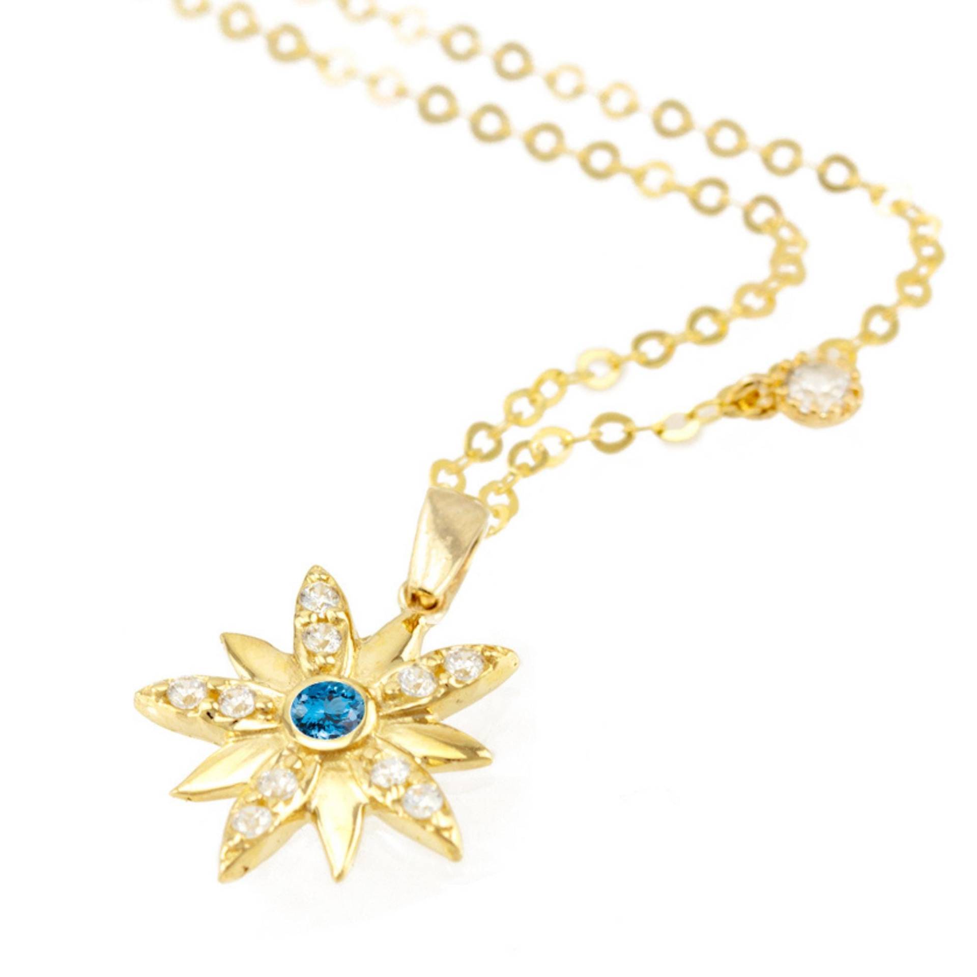 14K Solid Gold Celestial Star Halskette Eingelegt Blautopas Edelstein, Dezember Birthstone Schmuck Geschenk Für Sie, Starburst Charm Anhänger von nuritdesignjewelry