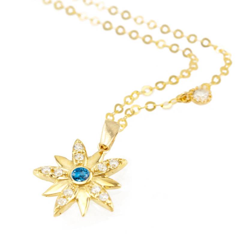 14K Solid Gold Celestial Star Halskette Eingelegt Blautopas Edelstein, Dezember Birthstone Schmuck Geschenk Für Sie, Starburst Charm Anhänger von nuritdesignjewelry