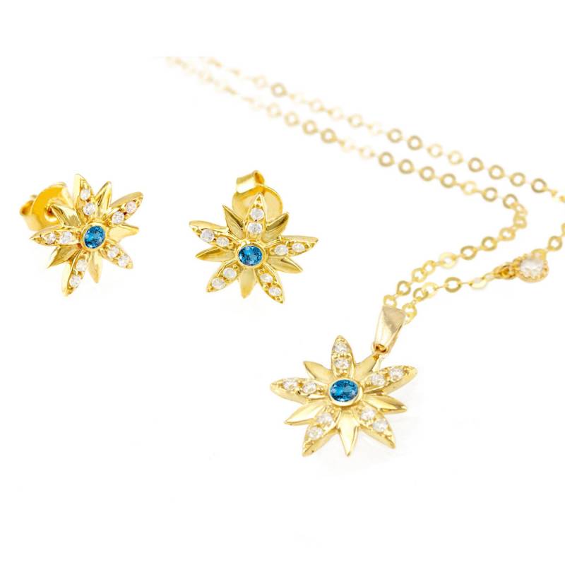 14K Gold Stern Schmuck Set, Blautopas Ohrringe Und Halskette von nuritdesignjewelry