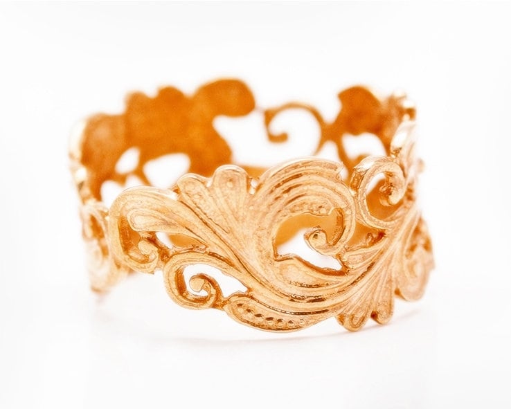 Breiter Bandring Mit Einzigartigem Jugendstil-Design, Rosegold-Schmuck, Brautring Im Vintage-stil, Goldene Eheringe, Unikat von nuritdesignjewelry