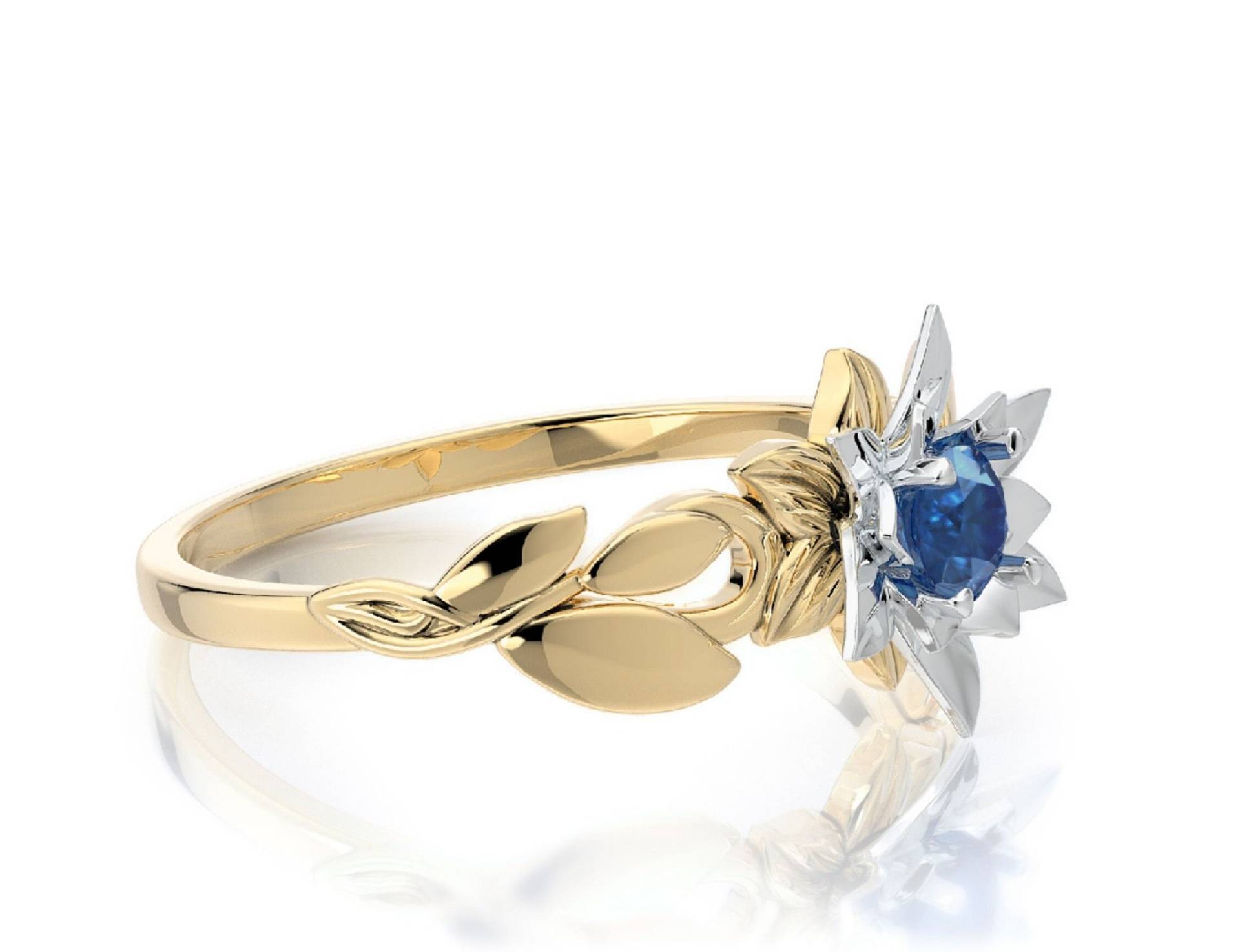 Einzigartiger Handgemachter Blumen Verlobungsring Für Frauen, Blatt Weißgold & Gelbgold Vorschlag Ring, Braut Saphir September Edelstein von nuritdesignjewelry