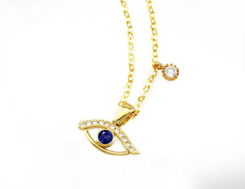 Gold Evil Eye Halskette , Saphir Anhänger Glücksbringer Schmuck von nuritdesignjewelry