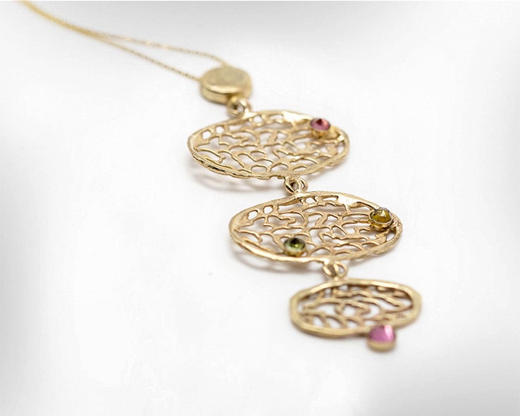 9K Gold Filigree Anhänger Halskette, Turmalin Edelstein Spitze von nuritdesignjewelry