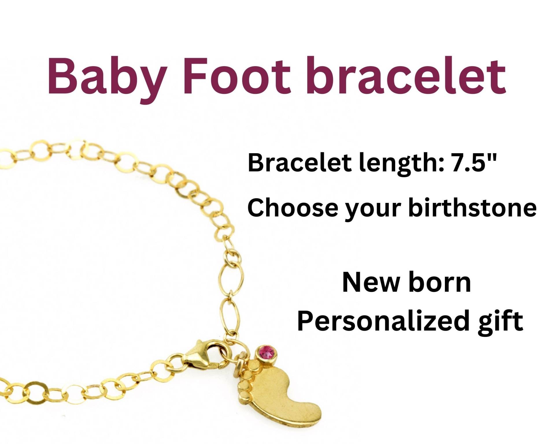 Geburtsstein Baby Fuß Armband, 22K Vergoldet Charm von nuritdesignjewelry