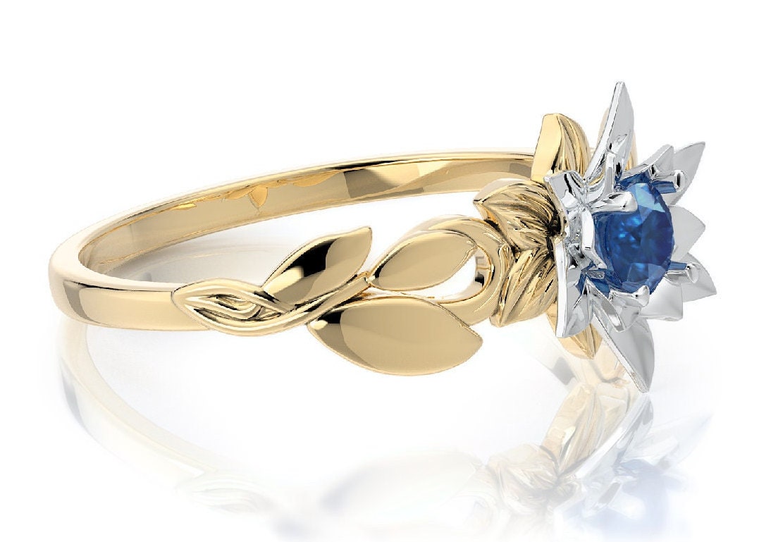 Gold-Blumenring, Einzigartiger Promi-Ring Für Frauen, Zarter Ring Aus Weißgold Und Gelbgold, Jubiläums-Saphir-Edelstein-Ring von nuritdesignjewelry