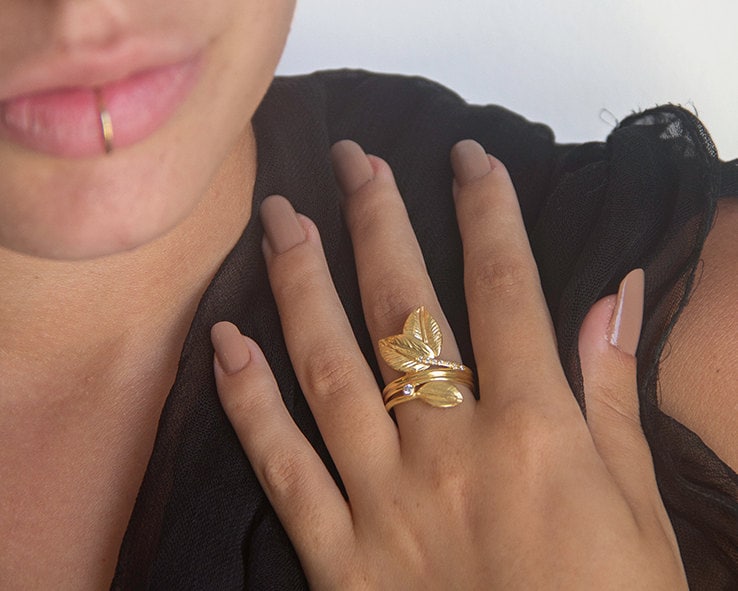 Gold Blätter Diamant Ring, 9K Vintage Style Statement Ring von nuritdesignjewelry
