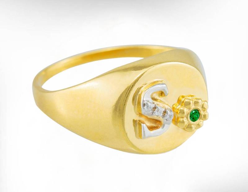 Vergoldeter Silber Initialring, Personalisierter Siegelring Mit Geburtsstein von nuritdesignjewelry