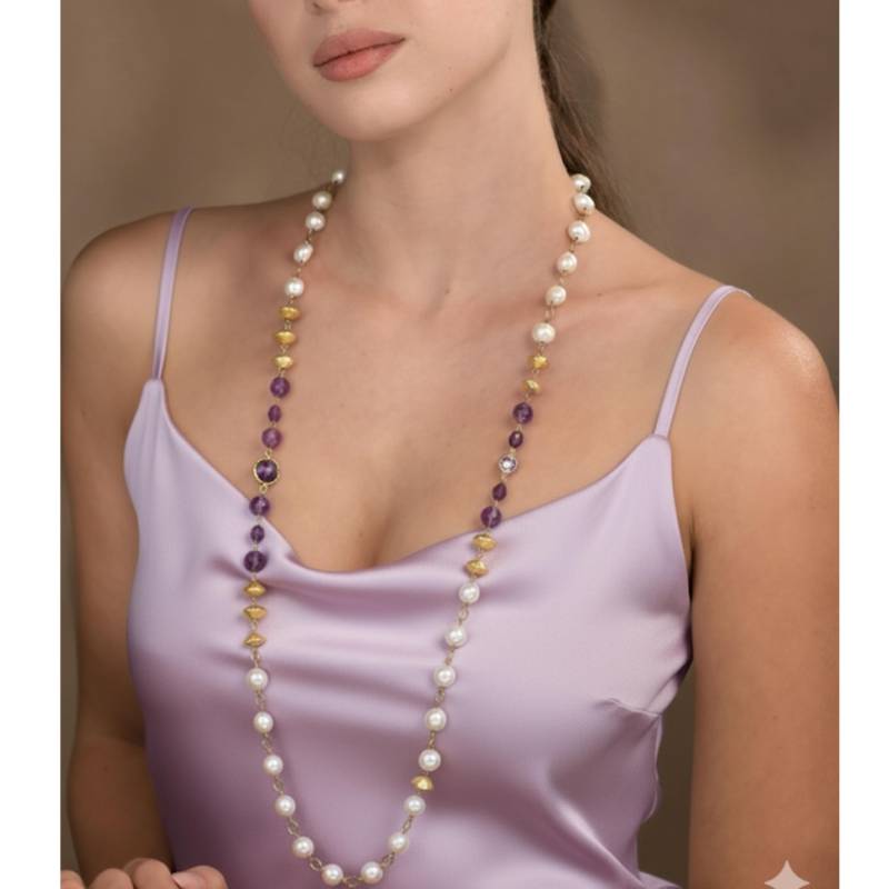 Lange Oder Kurze Süßwasserperlen Und Amethyst Edelstein-Halskette Für Frauen, Gold Filled Perlen von nuritdesignjewelry