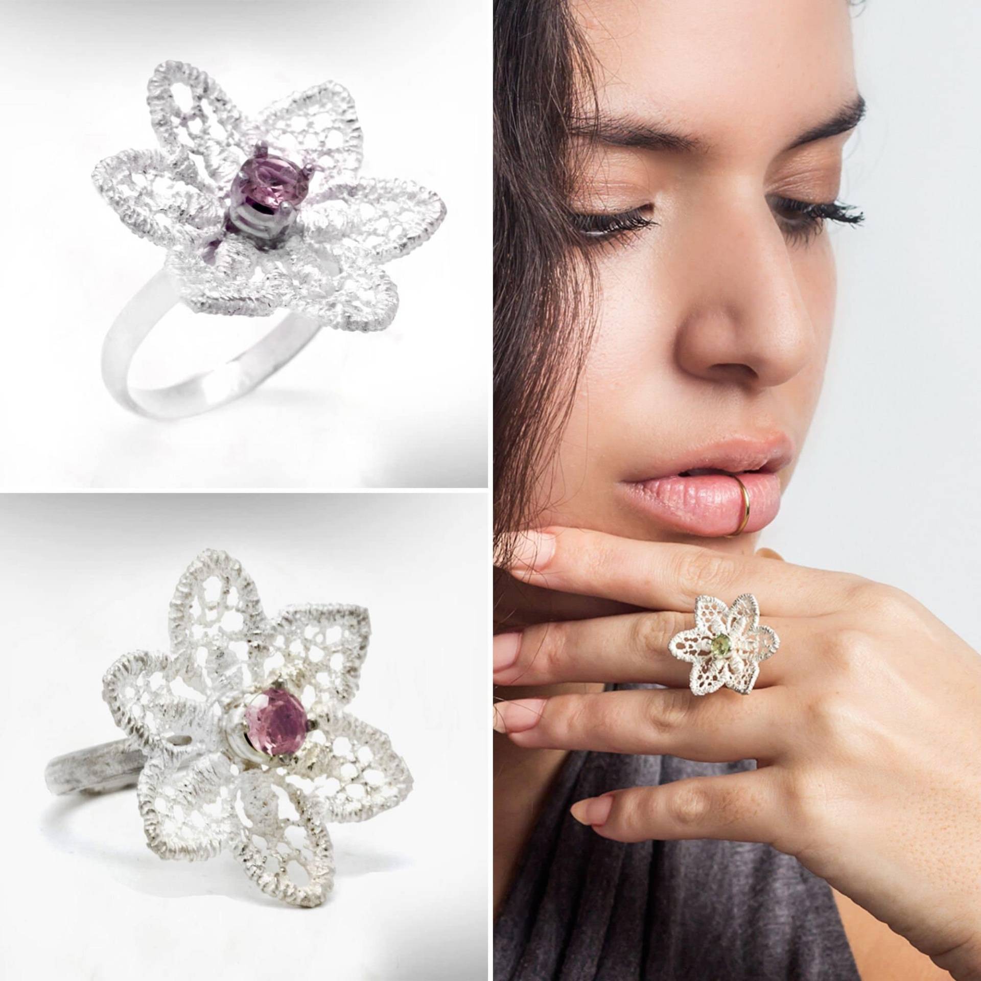 Oktober Geburtsstein Ring, Rosa Turmalin Ring Für Frauen, Statement Silber Blumen Geburtstagsring Sie, Spitzen von nuritdesignjewelry