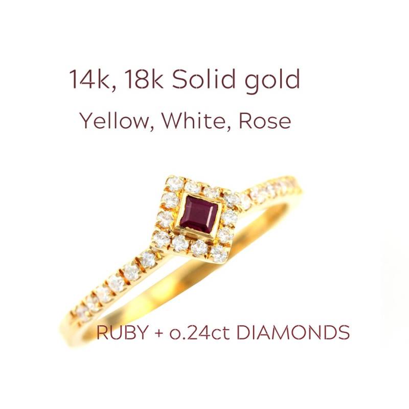 Rubin Verlobungsring, 14K Gold Diamant Halo, Jubiläumsschmuck von nuritdesignjewelry