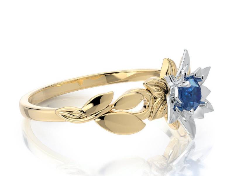 Blaue Saphir Blume Verlobungsring , 18K Blattgold Band von nuritdesignjewelry