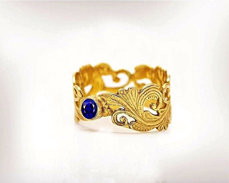 Saphir Verlobungsring, 9K Gold, Im Jugendstil von nuritdesignjewelry