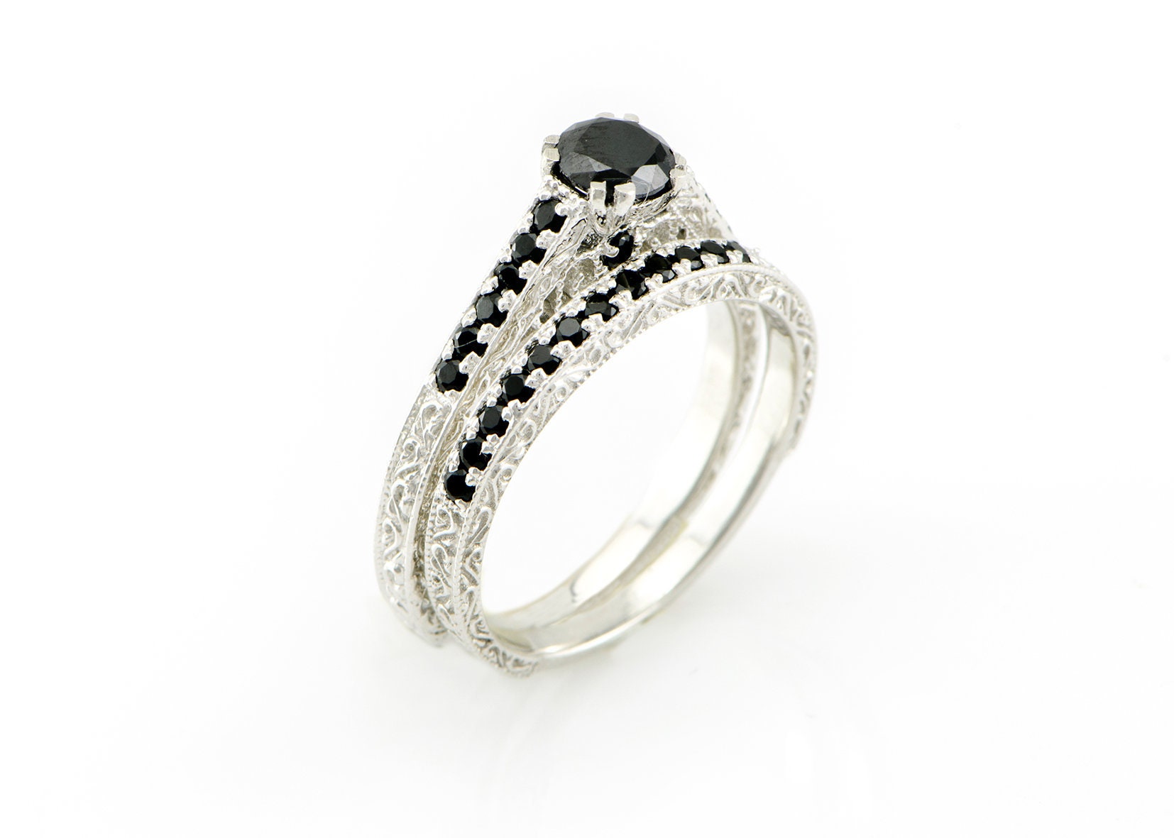 Schwarze Diamanten Braut Eheringe Set, 14K/18K Filigran Verlobungsring, Einzigartiger Filigraner Ring, Solitär Diamant Verlobungsring Set von nuritdesignjewelry