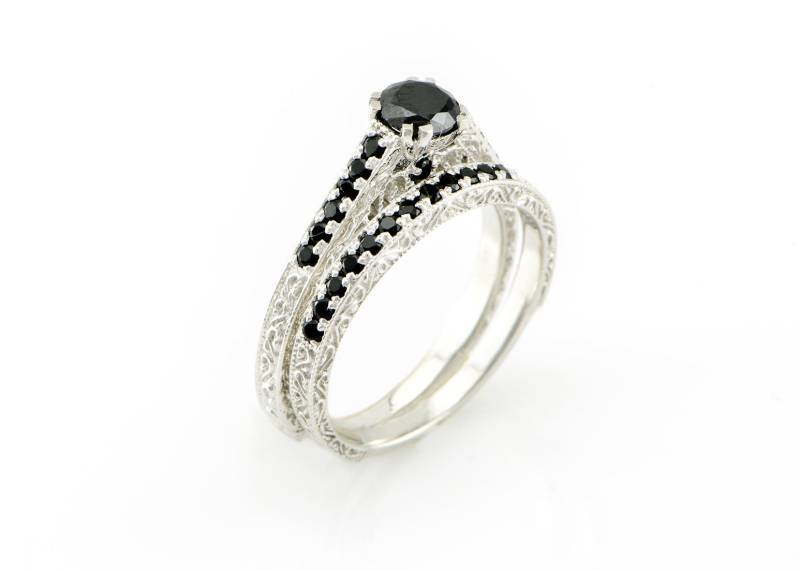 Schwarze Diamanten Braut Eheringe Set, 14K/18K Filigran Verlobungsring, Einzigartiger Filigraner Ring, Solitär Diamant Verlobungsring Set von nuritdesignjewelry