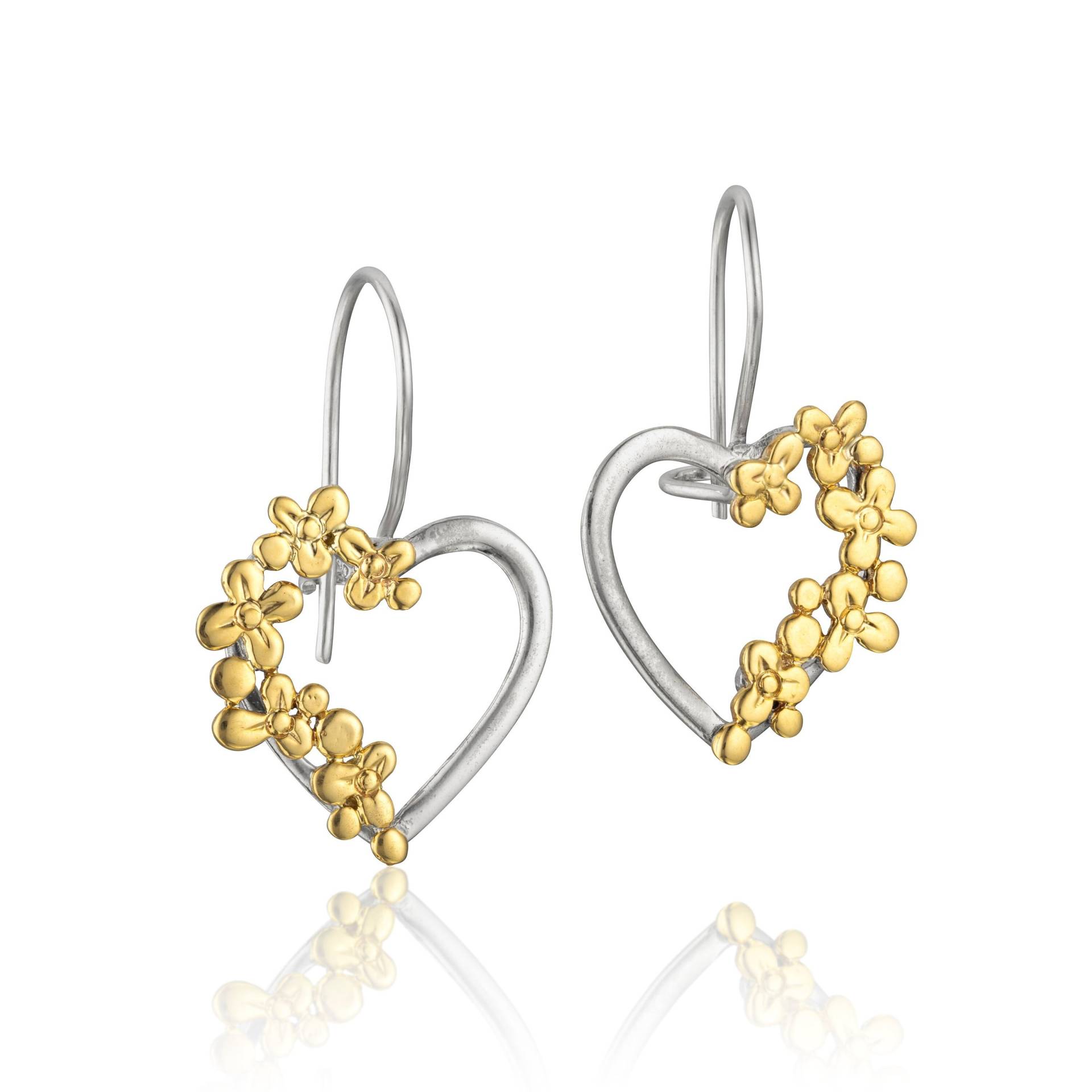 Silber 9K Gold Blumen Herz Ohrringe, Handgemacht von nuritdesignjewelry