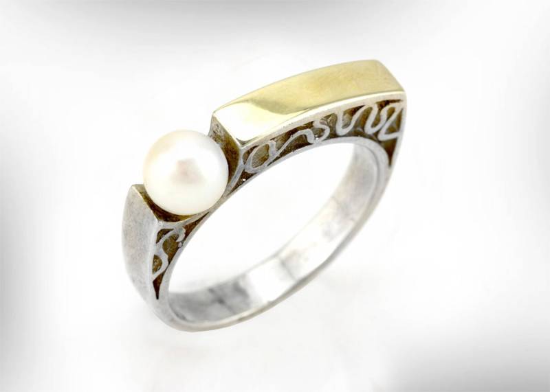 Süßwasserperle Verlobungsring, 9K Gold & Sterling Silber Spitze von nuritdesignjewelry