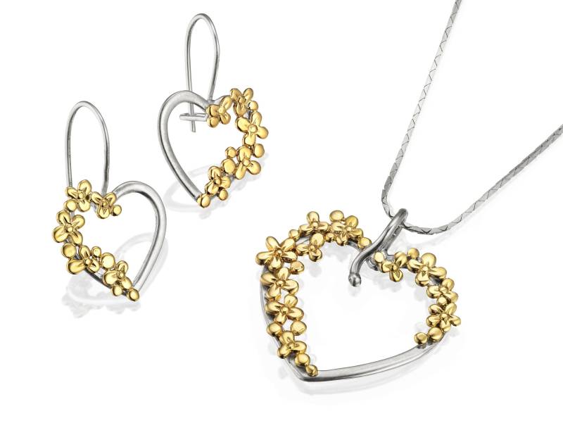 sterling Silber 9K Gold Blumen-Herz-Schmuck-Set von nuritdesignjewelry