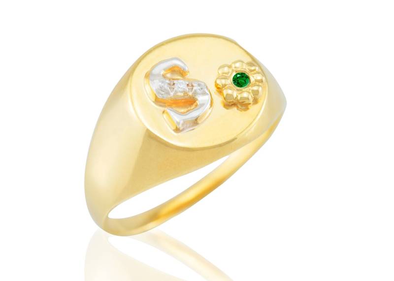 Vergoldeter Sterling Silber Siegelring, Personalisierter Cz Buchstabe, Geburtssteinblume von nuritdesignjewelry