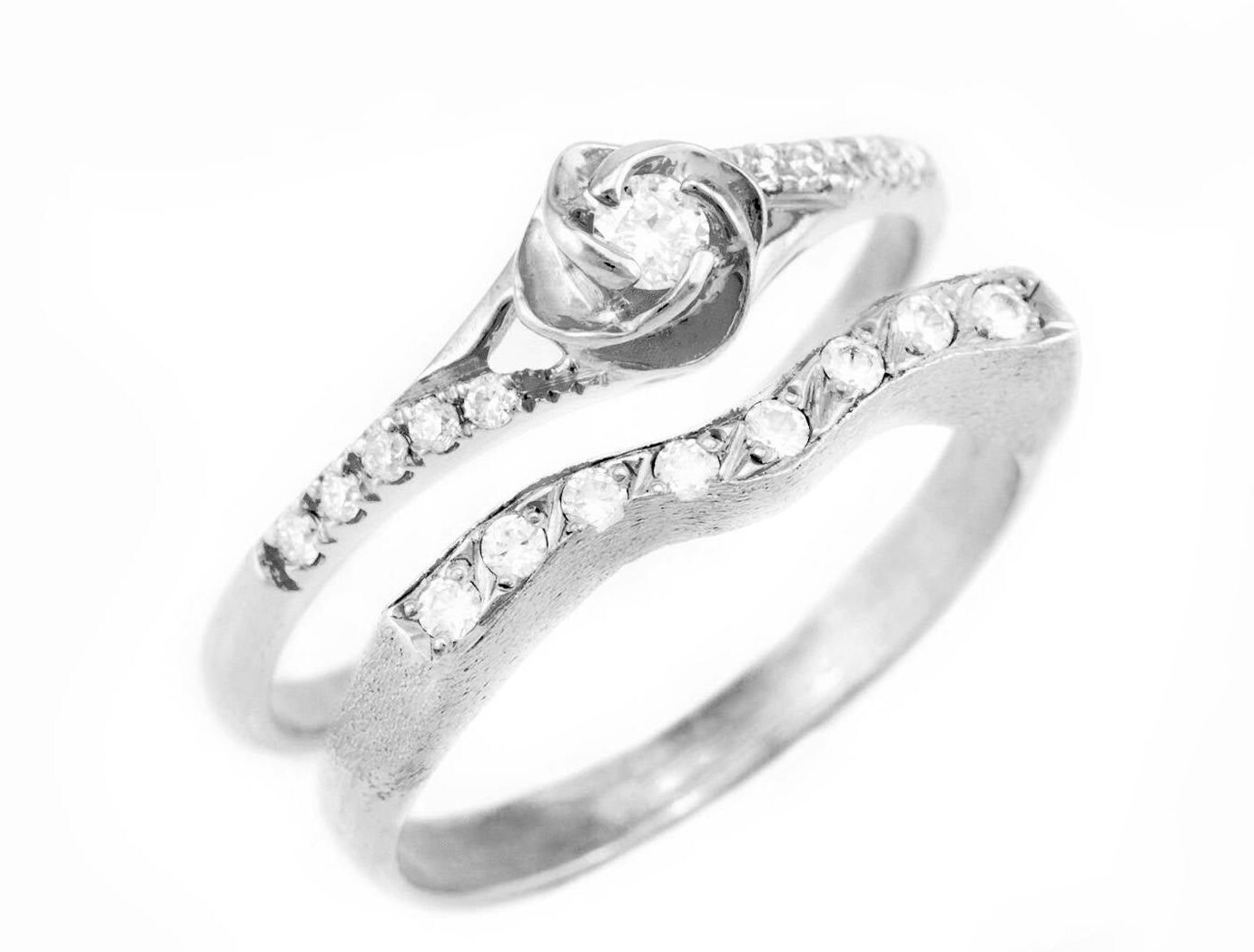 Diamant Brautring Set, 14K Weißgold Jugendstil Trauringe von nuritdesignjewelry