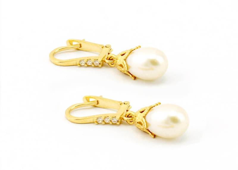 Vintage 14K Gold Perle Baumeln Ohrringe, Handgemachtes Jubiläumsgeschenk von nuritdesignjewelry