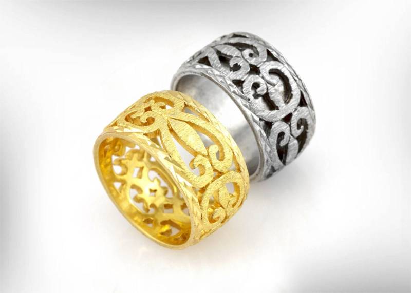 Vintage 9K Oder 14K Gold Eheringe, His & Her Trauringe, Breiter Filigraner Ring, Spitzenring von nuritdesignjewelry