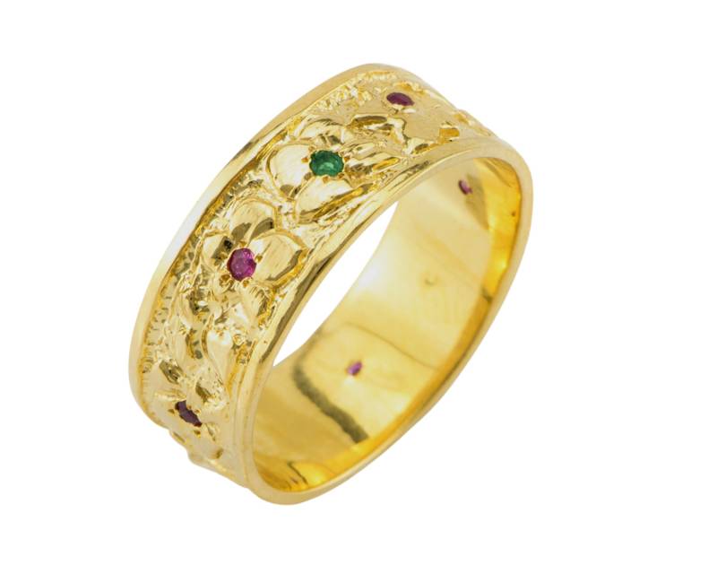 Vintage Stil Blätter Hochzeitsband, Gold Frauen Floral Ehering, Braut Nture Insired Rubin Und Smaragd Ring von nuritdesignjewelry
