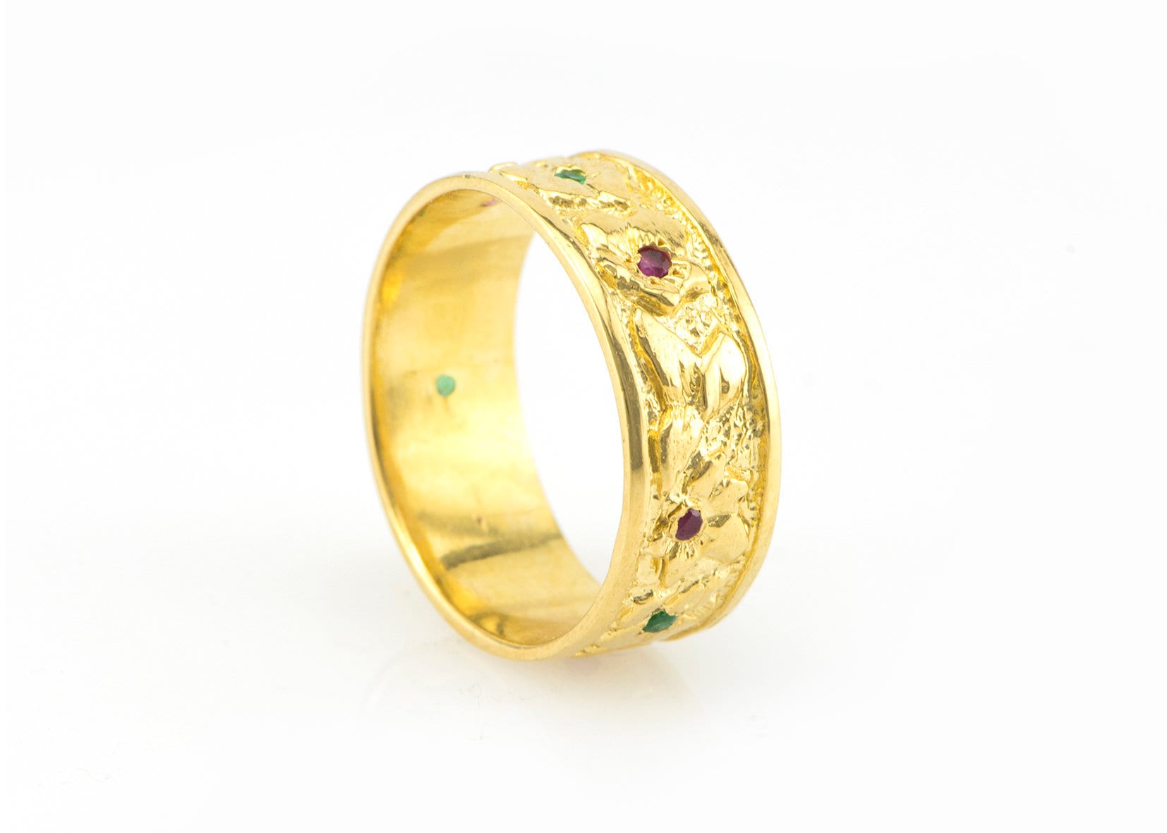 Vintage Stil Damen Band, 14K/18K Gold Blumen Und Blätter Ehering, Art-Deco Natur Insired Blatt Rubin Smaragd Geburtsstein Ring von nuritdesignjewelry