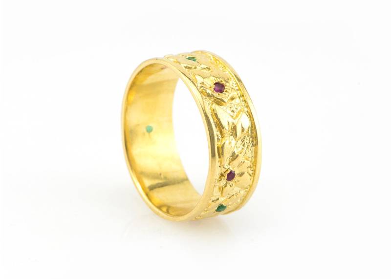 Vintage Stil Damen Band, 14K/18K Gold Blumen Und Blätter Ehering, Art-Deco Natur Insired Blatt Rubin Smaragd Geburtsstein Ring von nuritdesignjewelry