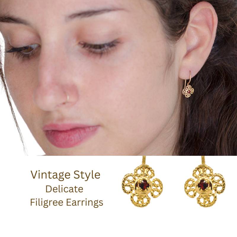 Vintage Stil Jugendstil Gold Ohrringe Für Frauen, 9K/14K Massive Spitze Tropfen Ohrringe, Granat Geburtssteine Edelsteine Ohrringe von nuritdesignjewelry