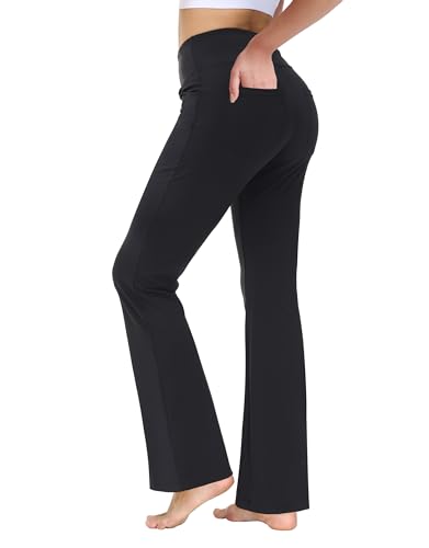 nuveti 71,1 cm/78,7 cm/83,8 cm/88,9 cm/94,8 cm/94,9 cm, hohe Taille, Workout, Bootlegs, Yogahose, Bauchkontrolle, 4 Taschen, Workout-Yogahose, ausgestellte Leggings, Schwarz, M von nuveti