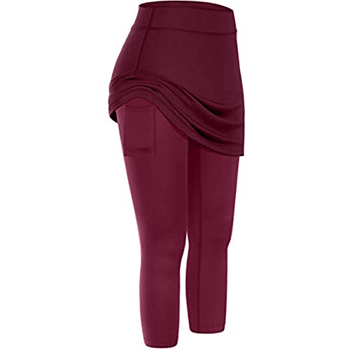 Damen Wanderrock mit Innenhose Knielang Hosenrock Woukout Laufen Sport Leggings mit Rock und Taschen (Weinrot, M) von nvtuuer