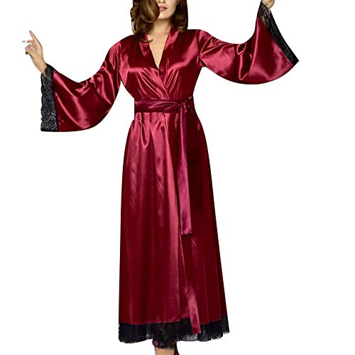 nvtuuer Damen Morgenmantel Lang Mit Spitze Maxi Seide Satin Kimono Robe Bademantel Nachtkleid Schlafmantel Pajama Party Morgenmantel Lang Einfarbiger Bademantel Spitzen Ärmel (Weinrot, L) von nvtuuer