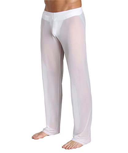 Herren Hose transparent Weiss Netz Nachtwäsche Männer Reizvoll Unterwäsche Nylon Hose Herren Mesh durchsichtige Lange Hose Sheer Pant Männer Hose Netz-Stoff aus feinster Tüll Stoff (L) von nyk