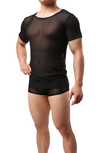 Herren T-Shirt Transparent Schwarz Netz Tank Top Shirt Nachtwäsche Männer Reizvoll Unterwäsche Slim Muscle Shirt Nylon Hemd Sexy Unterwäsche Herren Unterhemd Mesh Top durchsichtiges Oberteil (M) von nyk