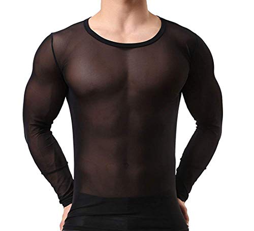 Herren Transparent Schwarz Langarm Tank Top Shirt Nachtwäsche Männer Reizvoll Unterwäsche Slim Muscle Shirt Nylon Hemd Sexy Unterwäsche Herren Unterhemd Mesh Top durchsichtiges Oberteil (L/XL) von nyk