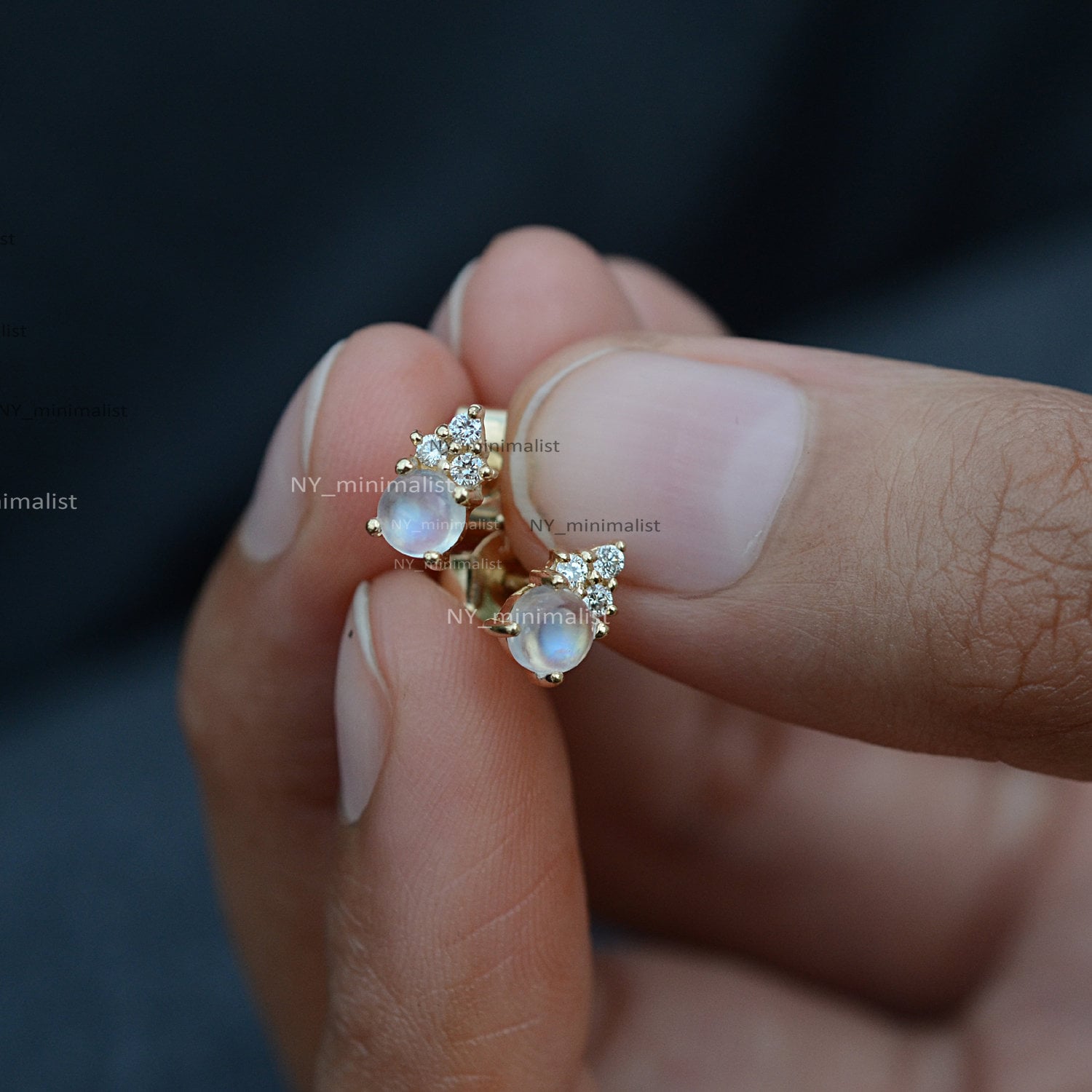 14K Gold Regenbogen Mondstein Diamant Ohrstecker Geburtstagsgeschenk von nyminimalist