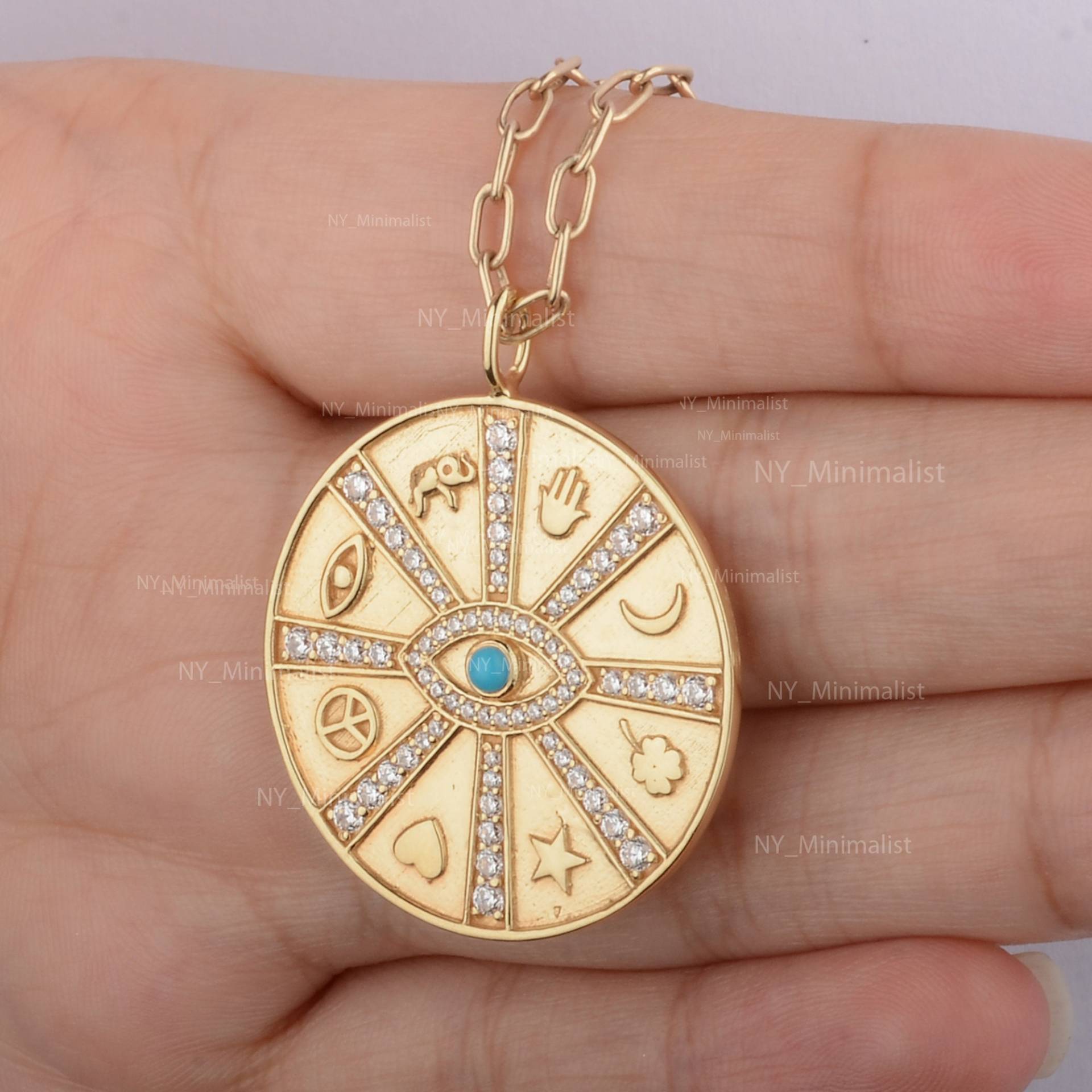 Evil Eye Zodiac Anhänger Halskette 30 Mm Runde Disc Solid 14K Gelbgold Echter Türkis Edelstein Si G-H Diamant Good Luck Schmuck Geschenk von nyminimalist