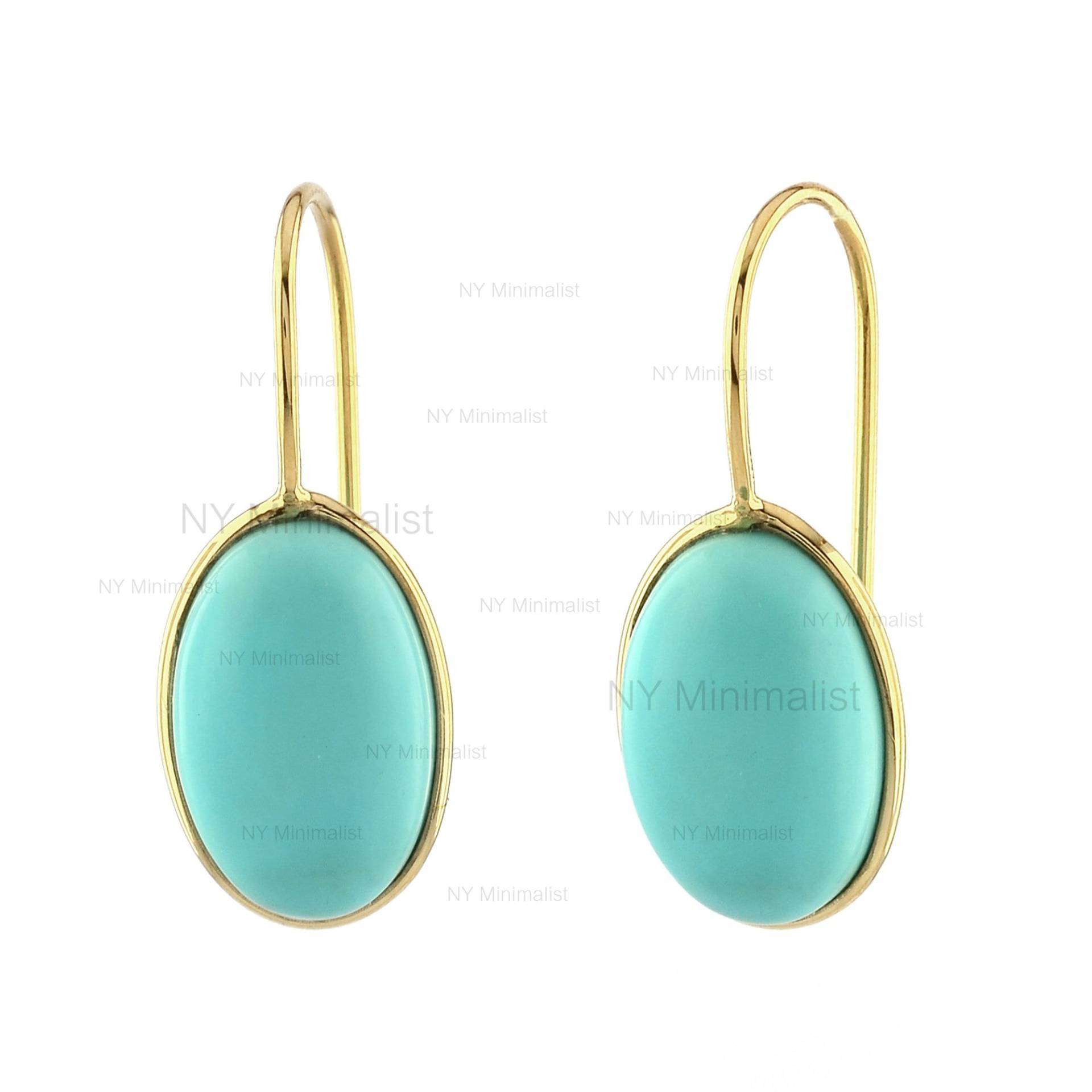 Baumeln Paar Hook Ohrringe Oval Dornröschen Arizona Minen Cabochon Türkis Edelstein Hängeohrringe Massiv 14K Gelbgold Minimalistisch von nyminimalist