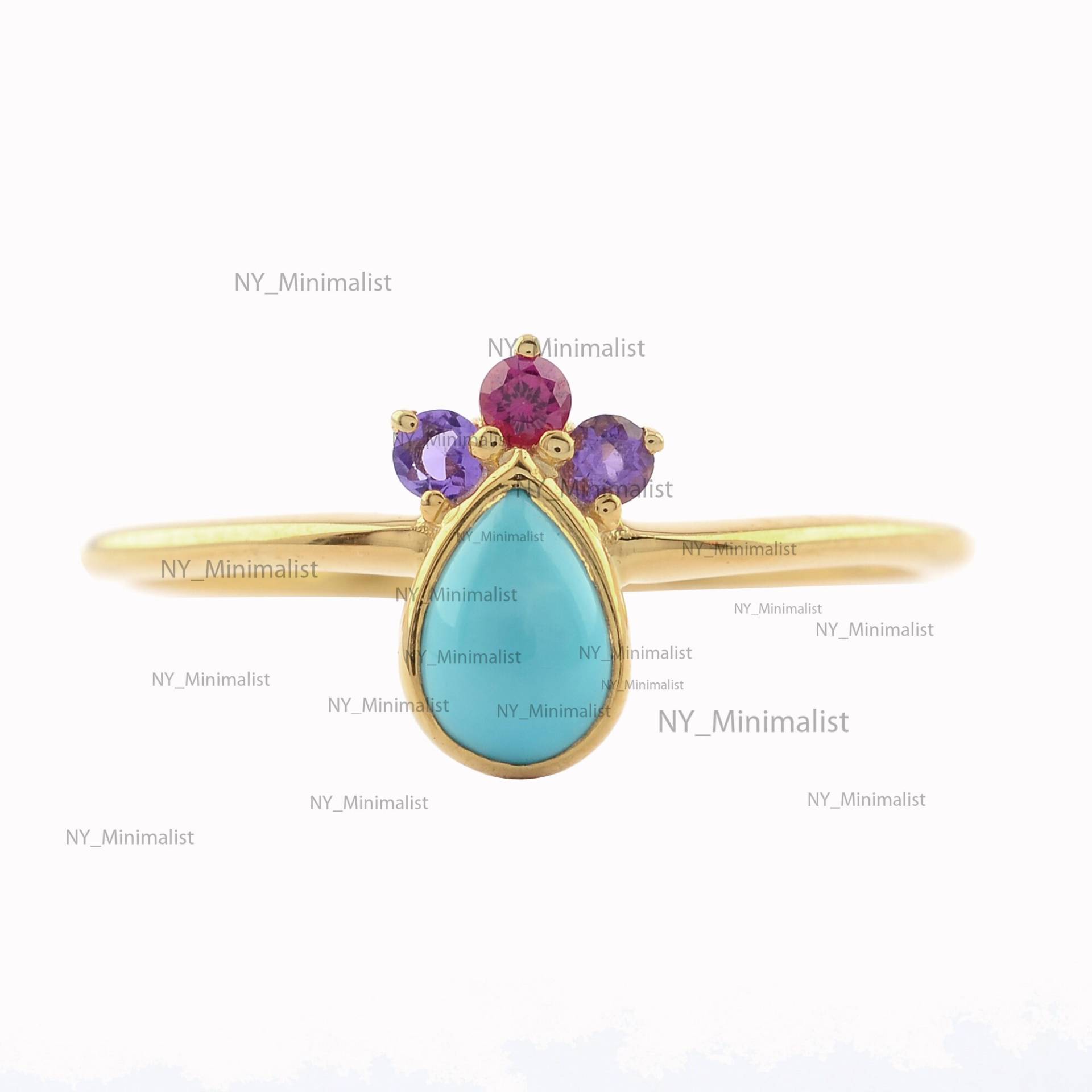 Echter Türkis Ring Mit Rubin Und Amethyst/Solider 14K Gelb Gold Multi Edelstein Geschenk Für Sie Echter Türkis Ring Mit Rubin Und Amethyst/Solider 14K Gelb Gold Multi Edelstein Geschenk Für Sie von nyminimalist