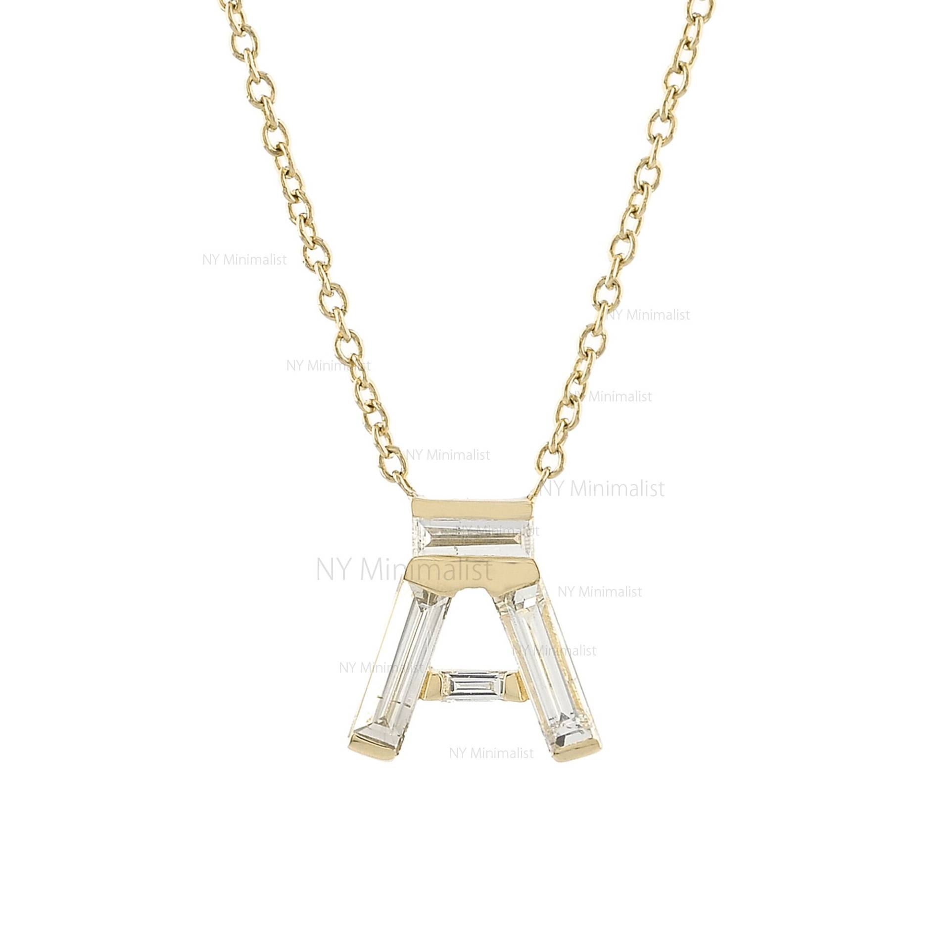 Diamant-Anfangshalskette Massiv 14K Gelbgold Natürliche Baguette Si G-H Diamant Personalisierte Buchstabenhalskette Schmuck Zertifizierter Geschenk von nyminimalist