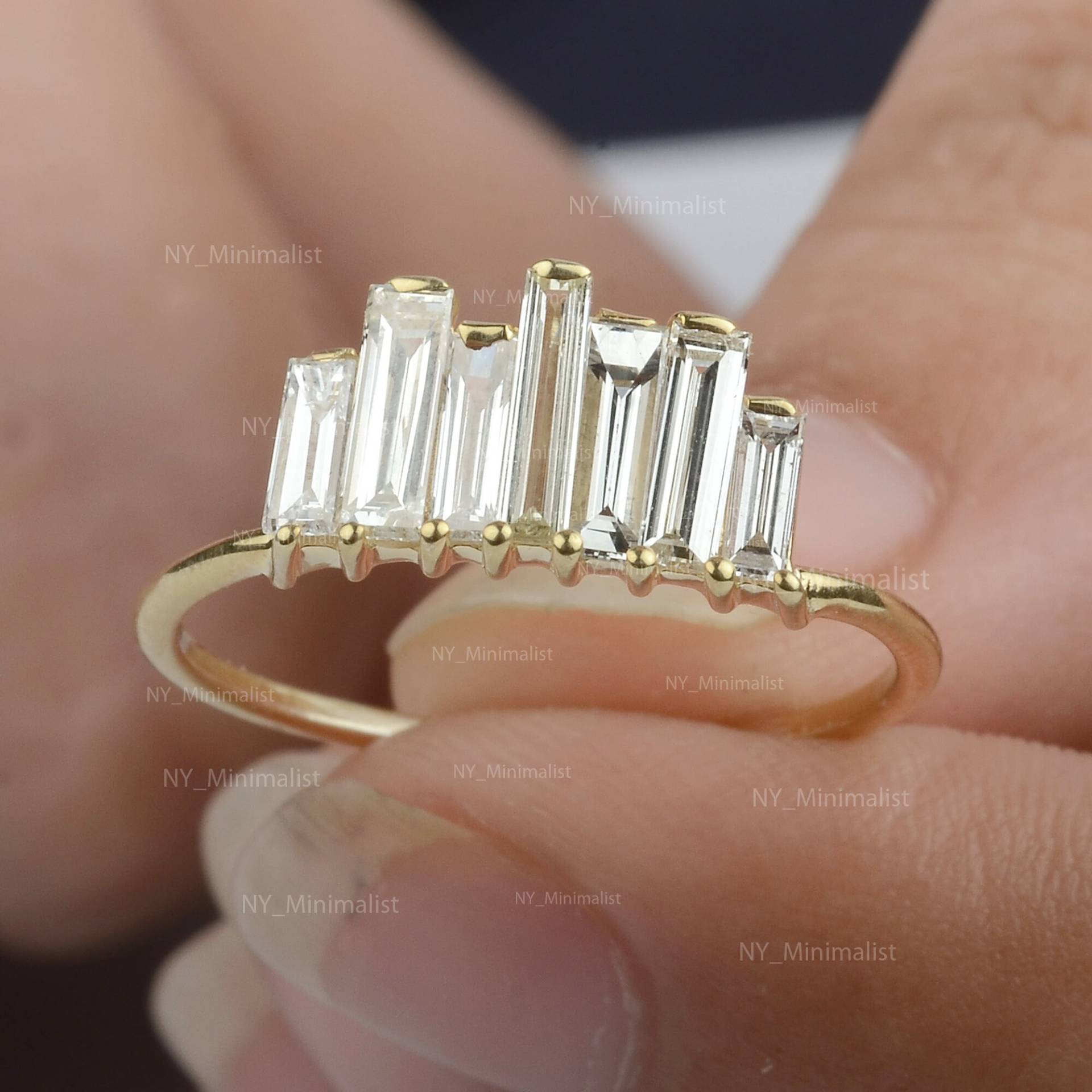 Diamant Bar Ehering Massiv 18K Gelbgold Echtes Baguette Cluster Verlobungsring Handgemachter Brautschmuck Zertifizierter Schmuck von nyminimalist