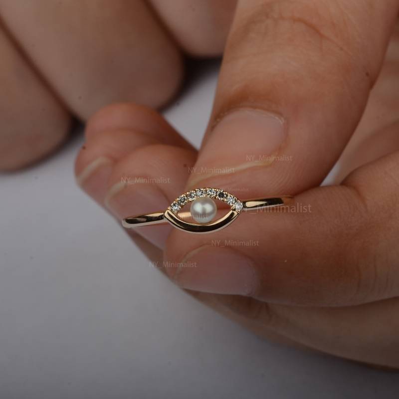 Evil Eye Ring Echte 0.13 Ct. Süßwasserperle Und Pave Diamant 14K Gelbgold Ny Minimalist Good Luck Schmuck Geschenk Für Sie von nyminimalist
